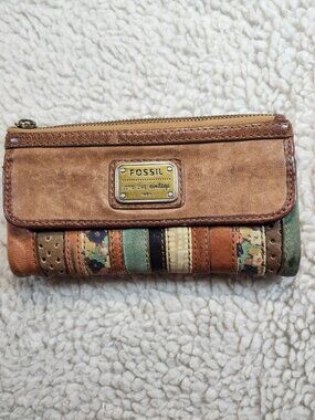 Fossil Wallet Womens Brown Leather Patchwork Trifold Vintage Long Live